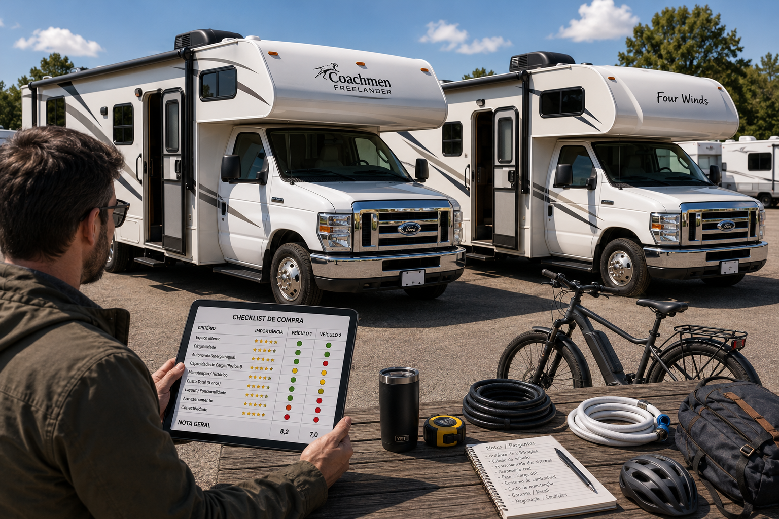 homem vendo checklist antes de comprar motorhome