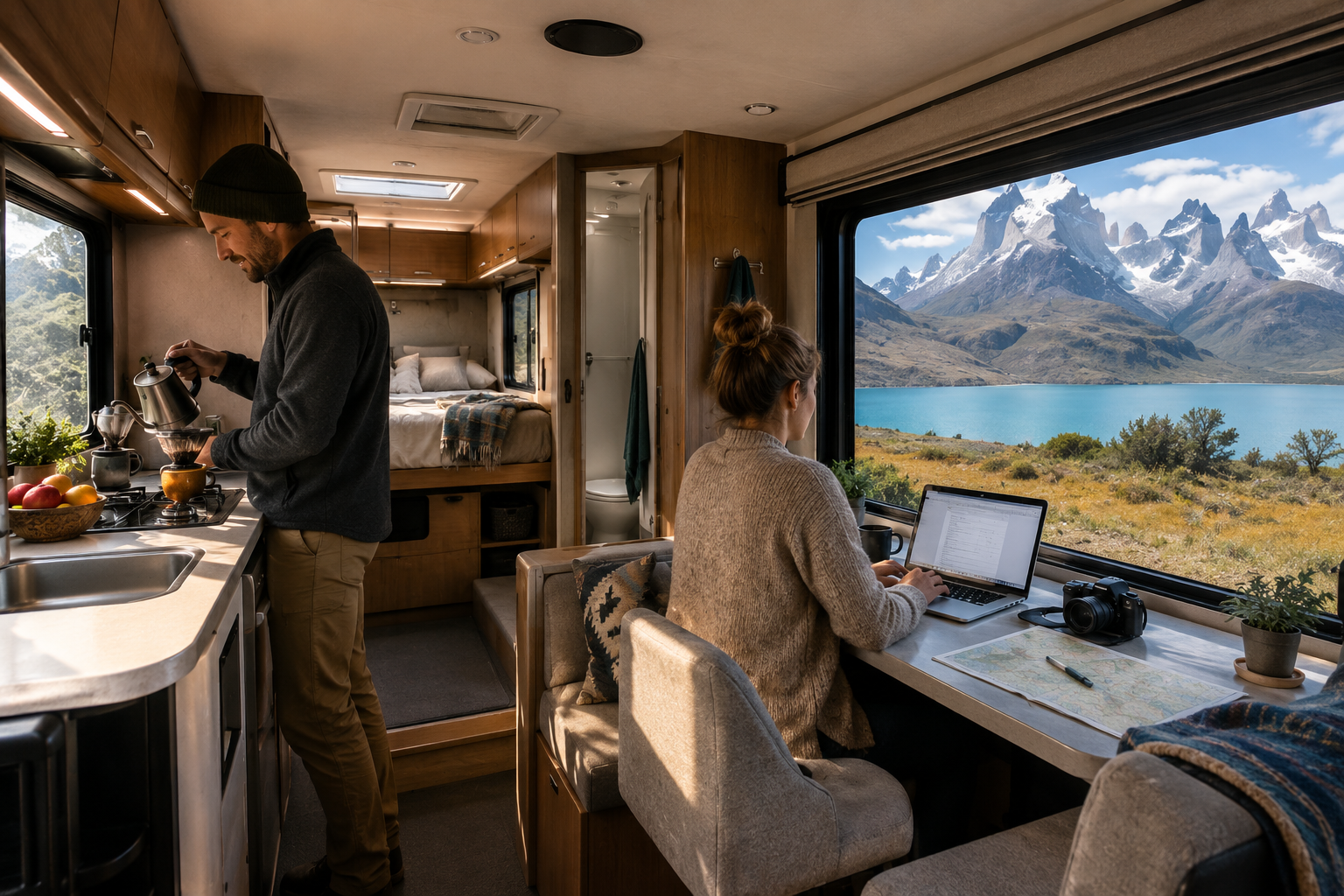 casal trabalhando e tomando café dentro do motorhome