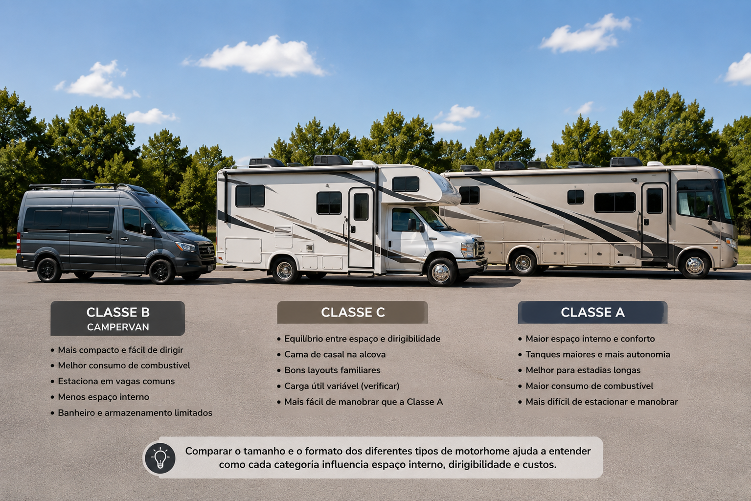 motorhome classe a, classe b, classe c lado a lado